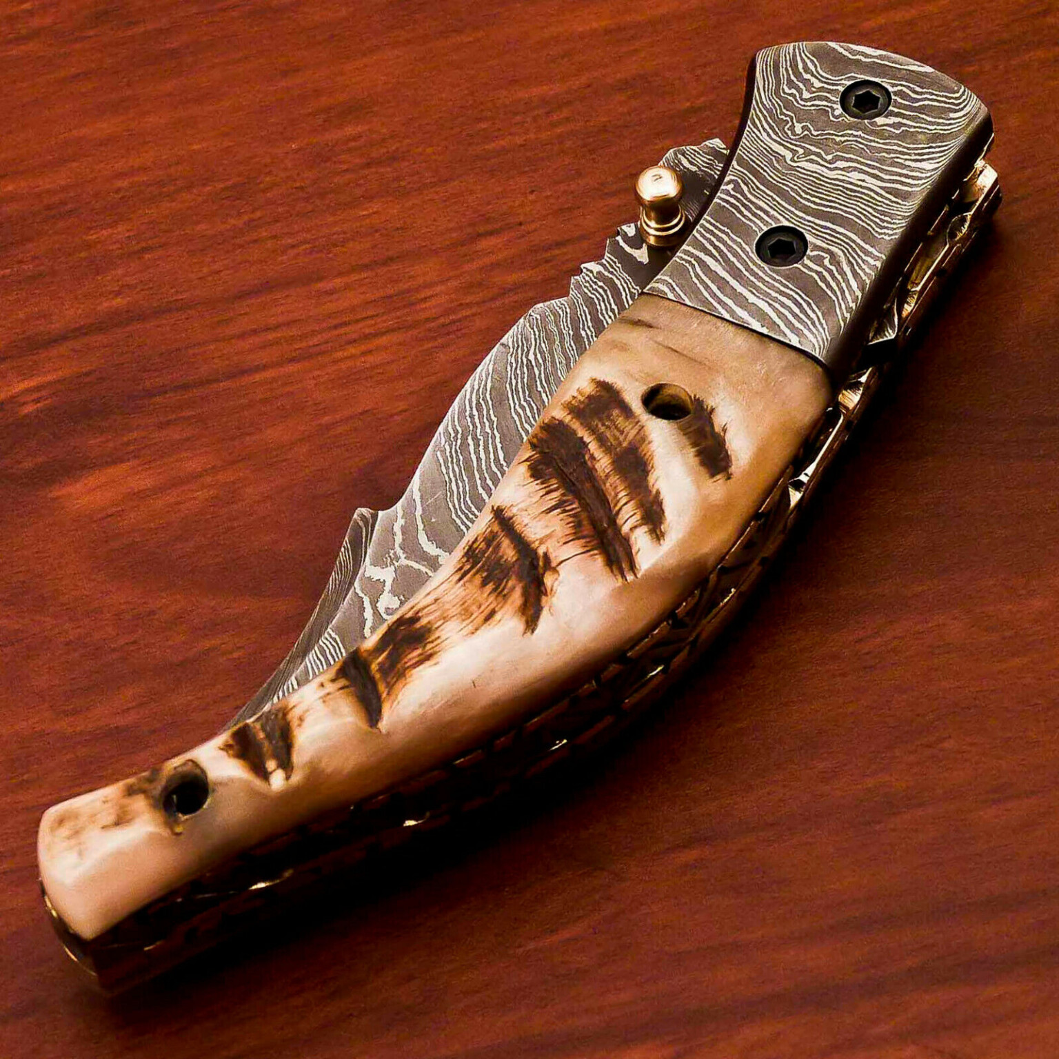 Custom Damascus Folding Pocket Knife with Stag Handle FD07 eSaleKnives